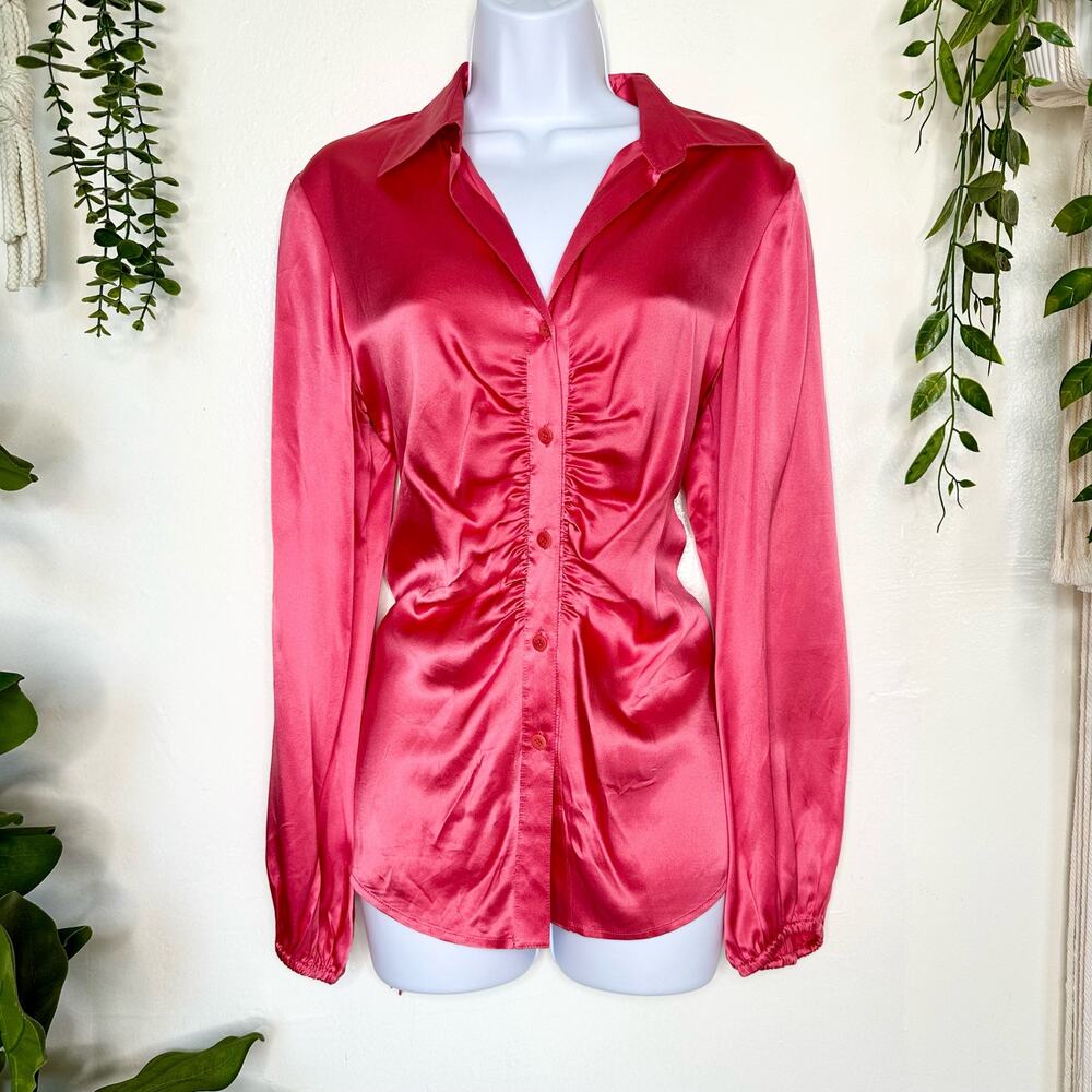 Emanuel by Emanuel Ungaro Hot Pink Long Sleeve Silk Satin dress Blouse 8